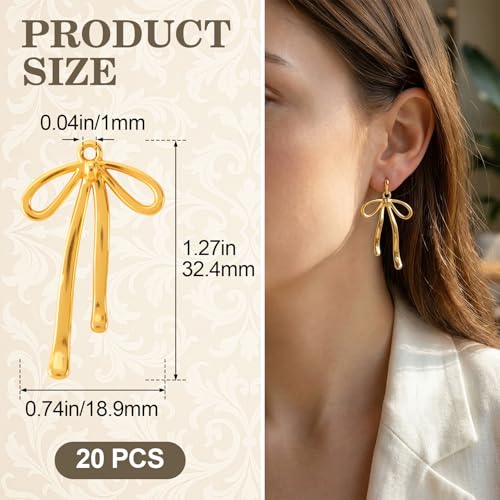 PAGOW 20pcs Bow Charm for Jewelry Making, Gold Plated Alloy Bow Tie Charm with Hole, Cute Bowknot Dangle Connector Pendant for Necklaces, Bracelets, Earrings, DIY