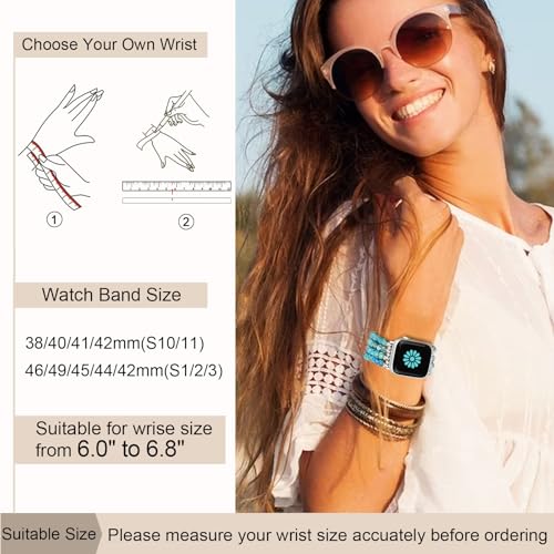 Newlibery Natural Stone Bracelet Beaded-Band Women Compatible with Apple Watch 42mm(S3/2/1) 44/45/46/49mm Feminine Handmade Stretch Strap for iWatch Series 11/10/9/8/7/6/5/4/3/2/1 SE 3/2/1 Ultra1/2/3 - color: B3 Blue Green, size: 46(S10/11)/49/45/44/42mm(