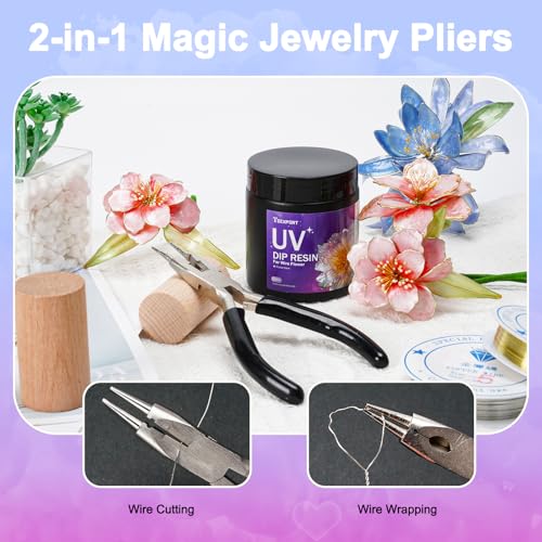 Teexpert UV Dip Resin for Wire Flowers Kit, 100g Crystal Clear UV Resin Starter Kit with 6 Winding Rods, Pliers, 2Pcs 31FT Wires for Jewelry Making, Fast Cure Thick Glue for DIY Flower Decoration