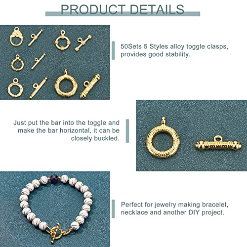 PH PandaHall 50 Sets 14K Gold Toggle Clasps, Flower Ring T-Bar Jewelry Clasps Tibetan Style Closure Gold Filled Clasp for Necklace Bracelet Jewelry Making DIY Craft, 5 Styles