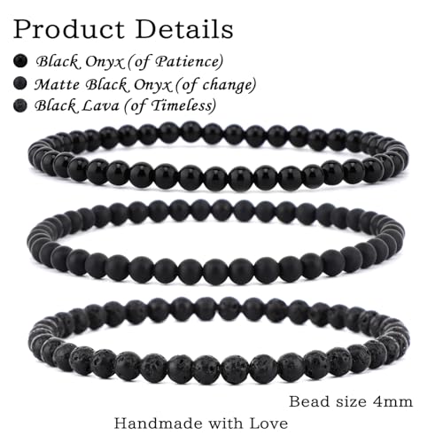 2/3-Pieces 4mm 6mm 8mm Natural Crystal Gemstone – Handmade Reiki Energy Healing Stretch Bracelets Jewelry for Yoga, Meditation, Unisex - color: 3 Pieces (BlackLava&BlackOnyx&MatteBlackAgate), size: 4mm