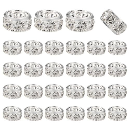 uxcell 40 Pcs 12mm Large Hole Rhinestone Beads, European Spacer Bead, Rondelle Loose Charm Beads for DIY Jewelry Making Bracelet Accessories (Bright Silver) - color: Bright Silver, size: 12 mm