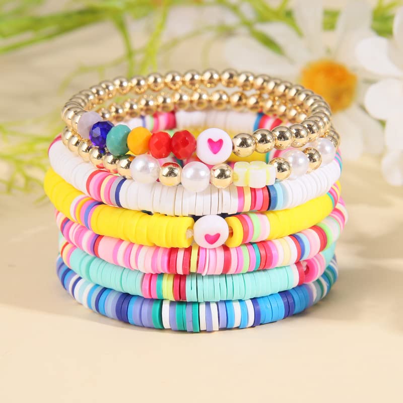 COLORFUL BLING 5-12Pcs Bohemian Love Heart Bead Bracelets for Women Vinyl Disc Heishi Surfer Stackable Stretch Bracelet Summer Beach Boho Jewelry - color: 7pcs half colorful