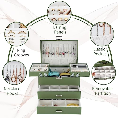 Dajasan Jewelry Organizer Box, Large Jewelry Boxes for Women Girls, Space-Saving 4 Layers Jewelry Storage Case with Drawer, Movable Metal Stand, Modern, Gift Idea (Green) - color: Avocado Green + Silver