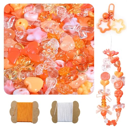 500G Assorted Acrylic Beads 600-760PCS Cute Beads for Jewelry Making 10M 0.8MM Nylon Strip Flower Star Bear Bow Aesthetic Kawaii Charms for Bracelet DIY Necklace Keychain Phone Charm-Orange - color: 500g-Orange