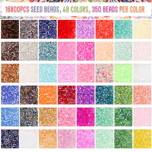 EuTengHao 16800pcs Tube Beads Kit Glass Bugle Seed Beads Small Craft Beads for DIY Crafting Jewelry Making Supplies (3mm, 350 Per Color, 48 Colors)