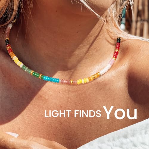 AGOT Beaded Gemstone Necklace for Women: Boho Bead Choker Natural Stone Necklaces - Handmade Jewelry for Summer Beach - color: Colorful