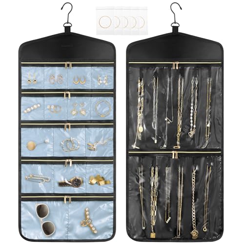 CHICECO Travel Jewelry Holder Organizer,Hanging Jewelry Organizer Storage with Zippered Pockets for Cloest,Jewelry Holder for Earrings, Necklaces (Blue Black) - color: Blue Black