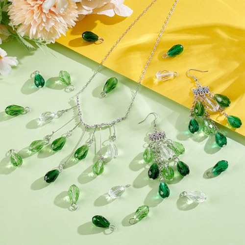 PH PandaHall 50pcs Faceted Teardrop Charms 5 Colors Transparent Glass Crystal Pendants 0.8" Green Series Glass Charms Dangle Pendants for Necklace Earring Bracelet Jewelry Craft Making