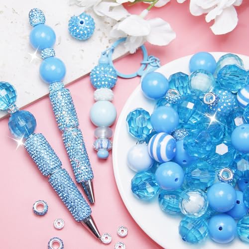 106 Pcs 20mm Beads for Pens Making with Rondelle Spacer Beads Sky Blue Acrylic Focal Bubblegum Bead Crystal Round Sparkly Chunky Bead for Pens Beadable Keychain DIY Craft Jewelry Making Supplies - color: Sky Blue