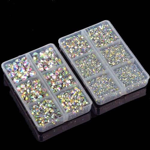 10000Pcs 2-Boxes Mixed Size Hot Fix Round Crystals Gems Glass Stones Hotfix Flat Back Rhinestones with Tweezers and Picking Pencil (Crystal AB) - color: Crystal AB, size: 2-Box (10000pcs)