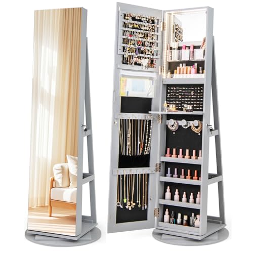 COSTWAY 360° Rotating Mirror Jewelry Armoire, Freestanding Jewelry Organizer w/ 3-Color LED Lights, Full-length Mirror with Jewelry Storage, Lockable Jewelry Cabinet for Bedroom, Cloakroom (Gray) - color: Gray