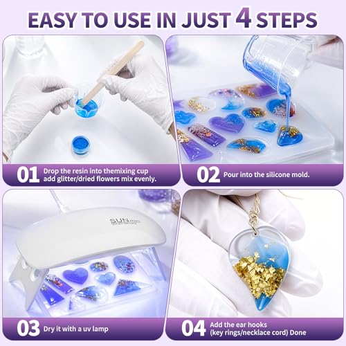 SHORE RESIN UV Resin for Jewelry Making, Crystal Clear Fast-Curing UV Resin Kit with Earring Silicone Mold & Tools for Earrings, Pendants and DIY Crafts, 500g - size: 500g