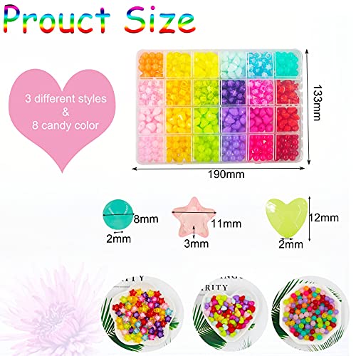 560Pcs Candy Color Pastel Beads Acrylic Heart Beads Stars Beads Colorful Pony Beads Round Beads Cute Loose Plastic Beads Bulk for Jewelry Making DIY Craft Necklace Rainbow Bracelet(Jelly Color Beads)