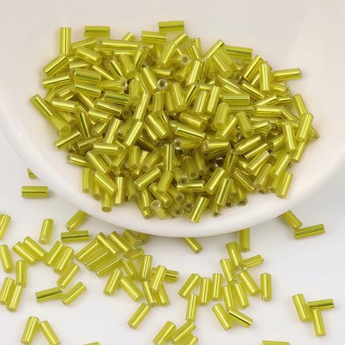 2000Pcs Tube Seed Beads 2x7mm Mini Long Glass Bugle Bead Small Craft Loose Spacer Beads for DIY Phone Charms Waist Bead Bracelets Earrings Necklaces (Lemon Yellow) - color: Lemon Yellow