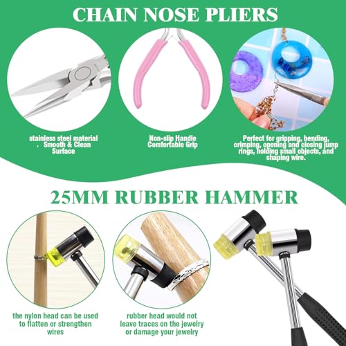 Yauhar 14Pcs Jewelry Making Tool Set Contains Flat Nose Jewelry Pliers, V-Slot Bench Pin Clamp, Wood Ring Mandrel Shaper, Rings Size Measuring Tools, Mallet Hammer, Steel Ring Sizing Gauge Sizers