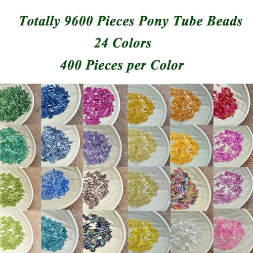 9600pcs Tube Beads Kit for Adults, Glass Bugle Seed Beads for Jewelry Making, Small Craft Bead for DIY Bracelet Necklaces Craft Making with Two Crystal String (7mm/24 Colors)