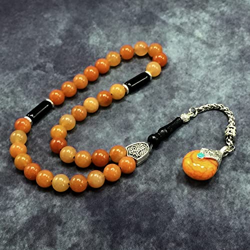Simple Designed Natural Stone Worry Beads - Prayer Beads Tesbih-Tasbih-Tasbeeh-Misbaha-Subha-Sebha-Sibha-Rosary (Orange Aventurine Natural Stone -8 mm 33- Beads/Drop Tassel) - color: Orange Aventurine Natural Stone -8 mm 33- Beads / Drop Tassel