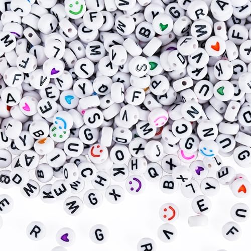 Gionlion 1200+Pcs Letter Beads for Bracelet Making, Round Alphabet Beads for Jewelry Making with Colorful Smile and Heart Beads, DIY Friendship Bracelets with 4x7mm White Beads with Black Letters - color: Black