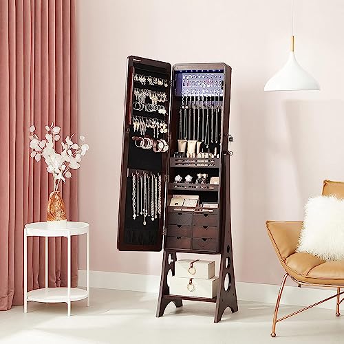 Hives and Honey Aria Standing Jewelry Armoire Mirror – LED Lit, Velvet Interior, Lockable, Ample Storage, Beveled Full-Length Mirror, Space-Saving Design, Walnut