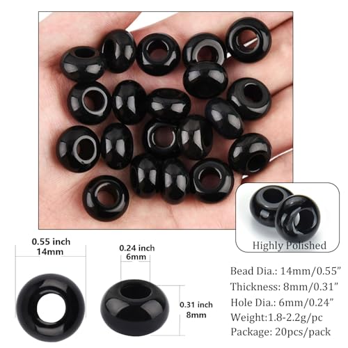 20Pcs Natural Black Onyx Large Hole Beads, 8x14mm Rondelle Gemstone Spacer Beads 6mm Big Hole for Jewelry Making, Beading Bracelets, Macrame & Hair Braiding - color: Black Onyx