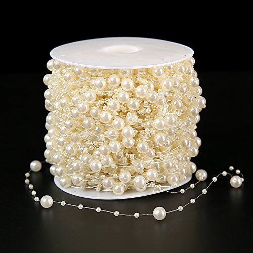 FQTANJU 200 Ft Acrylic Crystal Ivory Beads String Roll, 8mm and 3mm Mixed, Party Garland Wedding Centerpieces Bridal Bouquet Crafts Decoration 60M(Ivory) - color: Ivory