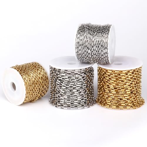 33 Feet Gold Rolo Box Chain Bulk, 3mm 18K Gold PVD Plated 304 Stainless Steel Square Link Cable Chains Roll Spool for Jewelry Making DIY Craft - color: 3MM Gold Rolo Box Chain