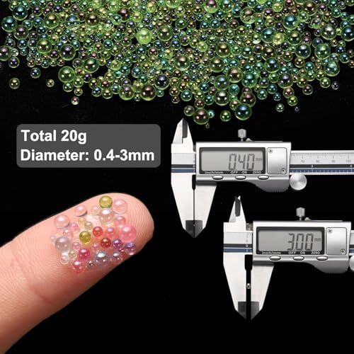 Iridescent Glass Tiny Bubble Beads, 0.4-3mm 20g No Hole Micro Mini Round Light Green Water Droplets Beads - Applications: for Resin Filler, Nail Art, Dollhouse Bath Tub, 2-Pieces - color: Light Green, size: φ0.4-3mm