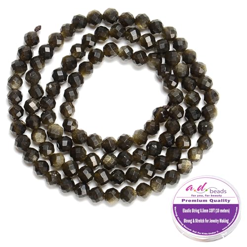 AD Beads Natural Gemstone Diamond-Cut Micro-Faceted Round Tiny 4mm Small Round for DIY Necklace Jewelry Making Beads (Gold Obsidian) - color: Gold Obsidian