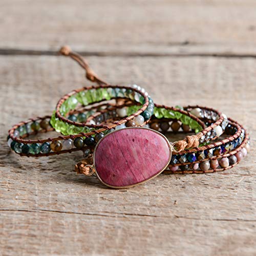 YGLINE Women Boho Handmade Natural Stone Crystal Leather Bead Wrap Bracelets Collection - color: Rhodochrosite-5w