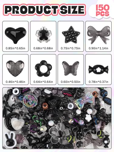 Acrylic Pastel Beads for Jewelry Making, Kalolary Black Bow Butterfly Flower Bead Kawaii Plastic Heart Bead Cute Macaroon Aesthetic Beads for Bracelet Necklace DIY (Black) - color: Black