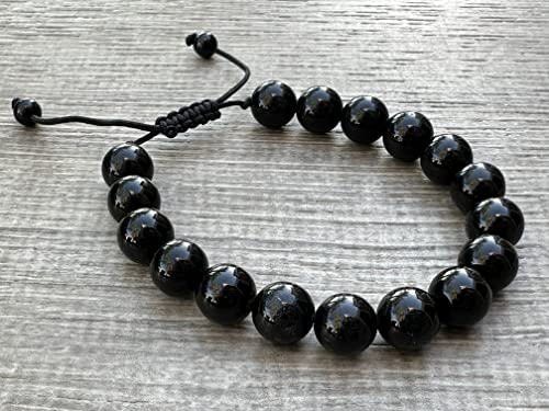 GAF TREASURES Grade A ++ Gemstone Round Bead Adjustable Bracelet 10mm, Genuine Crystal Bead Bracelet, Gift for Men & Women - color: Black Tourmaline