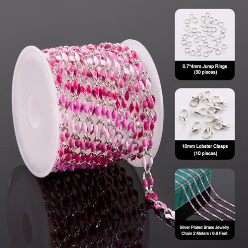 YOUBEIYEE 6.5 Feet Colorful Rose Pink Enamel Chain for Jewelry Making Oil Drip Link Chains Silver Plated Jewelry Chain Roll with Jewelry Findings - color: Rose Pink Silver