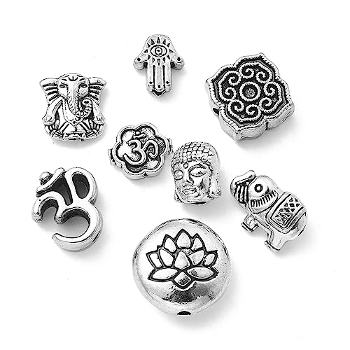 DanLingJewelry 80Pcs 8 Styles Tibetan Religious Beads Antique Silver Buddha Lotus Elephant Religious Spacer Beads for Jewelry Making Crafts - color: 80pcs - religious - 8 styles