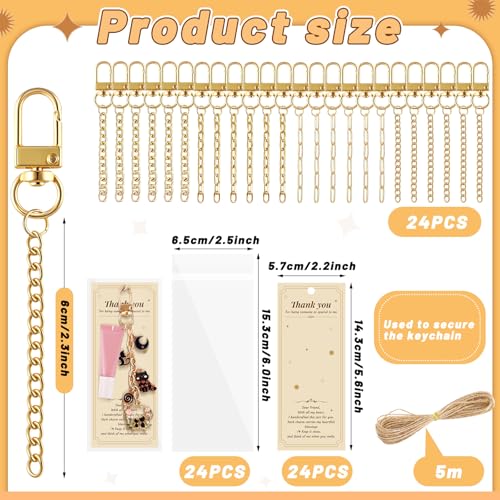 Wurosi 24 Set Lip Gloss Keychain Making Kit, Gold Keychain Clips Hooks with Extender Chain, Cellophane Bags, Thank You Cards, 5M Hemp Rope, for DIY Key Chain Making Crafts, Christmas Gifts - color: 24 Set Keychain Making Kit