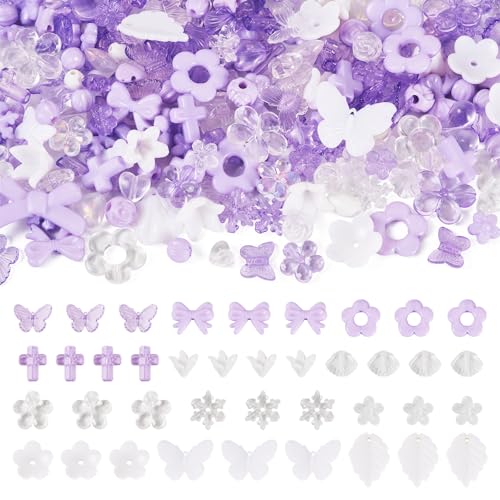 100G Mixed Shapes Acrylic Beads Assorted Beads for Bracelet Making,Flower Bow Butterfly Leaf Aesthetic Bracelet Charms Cute Beads for Jewelry Making DIY Necklace Keychain Phone Charms,Purple - color: Purple