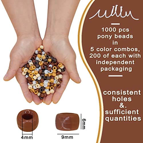 MIIIM 1000PCS 6x9mm Pony Beads Bulk, 5 Styles Brown Pony Beads for Bracelets Making Kit, Kandi, Hair Braids Crafts for Jewelry Making (Brown) - color: Brown