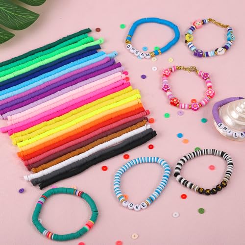 JMUQ 28 Strands Green Clay Beads Bracelet Making Kit, Friendship Preppy Flat Polymer Clay Heishi Beads for Bracelets Jewelry Making Kit, DIY Arts and Crafts Gifts - color: Green Series