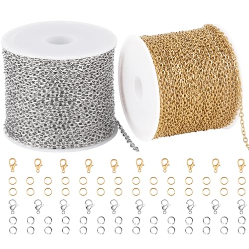 SMYHTGLIF Total 65.6 Feet Gold & Silver Jewelry Making Chains 2 Rolls Stainless Steel Chain for Jewelry Making Thin Oval Cable Chain Craft Chain Bulk - size: 2.6×2mm