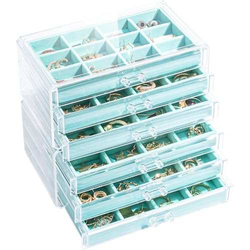 Lolalet Earring Holder Organizer Box Jewelry Storage with 6 Drawers, Clear Acrylic Stackable Earring Case with Adjustable Velvet Trays for Women on Dresser Vanity -Aqua, 6 Layers - color: Aqua, size: 6 Layers