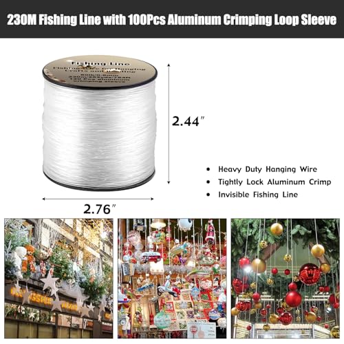 Strong Clear Invisible Hanging Wire 0.8mm 75 Lb, 754 FT (230m) Nylon Fishing Line with 120 Pcs Aluminum Crimping Sleeves for Crafts Beading Decorative Pictures Balloons Stringing Lights…