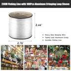 Strong Clear Invisible Hanging Wire 0.8mm 75 Lb, 754 FT (230m) Nylon Fishing Line with 120 Pcs Aluminum Crimping Sleeves for Crafts Beading Decorative Pictures Balloons Stringing Lights…