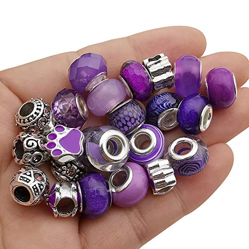 50pcs Assorted Purple Resin Imitation Glass European Large Hole Beads Rhinestone Metal Spacer Charms Bead Assortments for DIY Crafts Bracelets Necklaces Jewelry Making (M570-Purple) - color: Purple