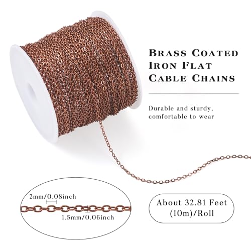 Beadthoven 32.8Ft Brass Flat Cable Chain for Jewelry Making - 1.5mm Red Copper Flat Cross DIY Necklace & Bracelet Jewelry Finding & Extender Chains Bulk - color: Red Copper, size: 1.5mm