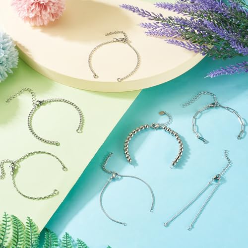 Pandahall 7Pcs Stainless Steel Chain Charms Bracelet 7 Styles Adjustable Slider Chain Bracelets Extender Chain with Lobster Clasp for DIY Bracelet Chain Jewelry Making
