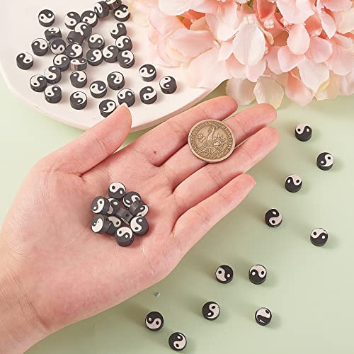 Airssory 100 Pcs Black and White Manmade Polymer Clay Soft Beads Flat Round with Taiji Ying Yang Sign Loose Bead Spacer for Lucky Jewelry Making - color: Yin Yang Beads_Black and White