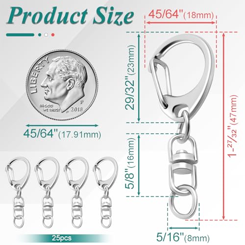 25 Pack Lobster Claw Clasps Keychain Kit, Silver Keychain Clip with Swivel Snap Hooks, Bulk Key Chain Clasps for Crafts DIY Making - color: A-Silver