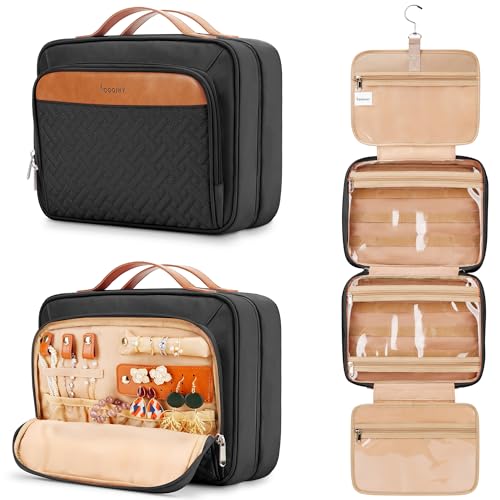 Travel Hanging Toiletry Bag for Women, with Jewelry Organizer Compartment, Medium Waterproof Hanging Makeup Accessories, Cosmetic Essentials, Toiletries Dopp Kit Set with Trolley Belt, Black - color: Black, size: Medium