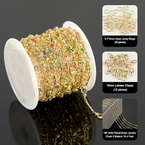 YOUBEIYEE 16.4 Feet Colorful Crystal Chain for Jewelry Making 18K Gold Plated Brass Jewelry Chains Bulk Light Gold Bar Chain Link Necklace Bracelet DIY for Women - color: Rhinestone