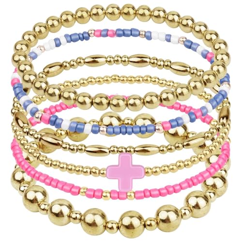 5Pcs Gold Bead Bracelets Set for Women,14K Gold Plated Stackable Bead Ball Bracelets Set,Adjustable Chunky Bangles Bracelets,Boho Stretch Bead Ball Bracelet for Women - color: Color1